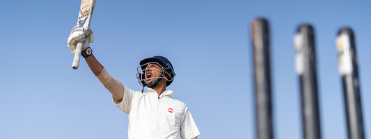 Man holding up cricket bat in the air